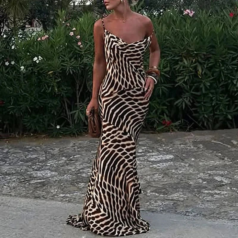 01 Brown / M Vintage Leopard Print Slim Straps Long Dress Lady Casual Holiday Beach Bohemian Dress Spring Summer V Neck Sleeveless Maxi Dress