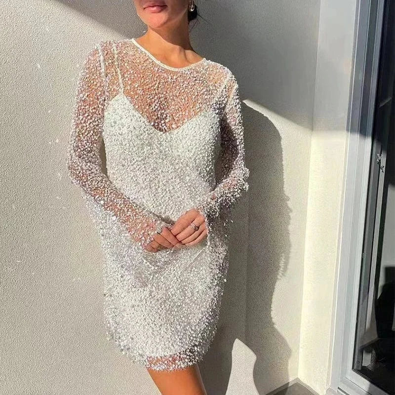 01 White / XL Women Elegant Splicing Solid Versatile Dress Chic O-Neck Sequins Hollow Dress Fashion Suspender Party Temperament Mini Dresses