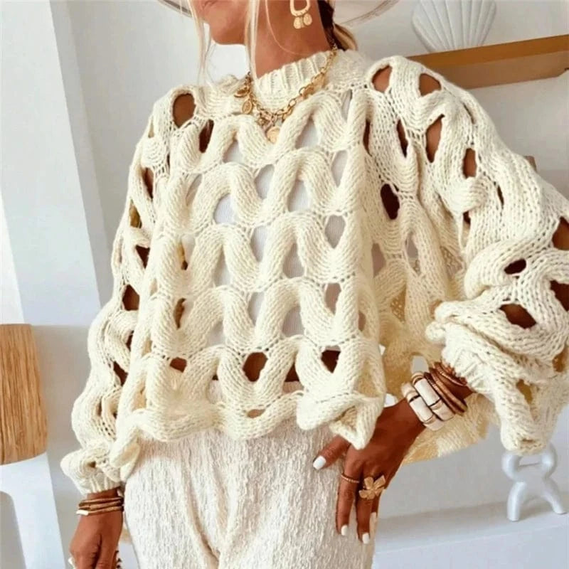 02 Apricot / S Sexy Hollow Out Long Sleeved Knitted Sweater Summer Beach O-neck Crochet Pullover Casual Solid Color Women's Loose Top Blouses