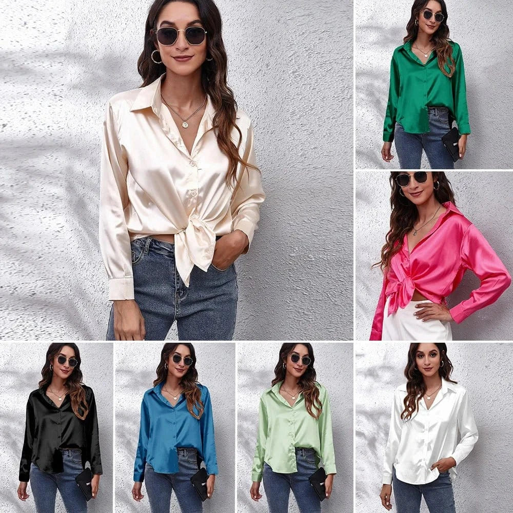 0212YT Women White Simulated Silk Shirt Tops Lady Long Sleeve Office Ladies Satin Blouse Blusas Women's Blouses & Shirts