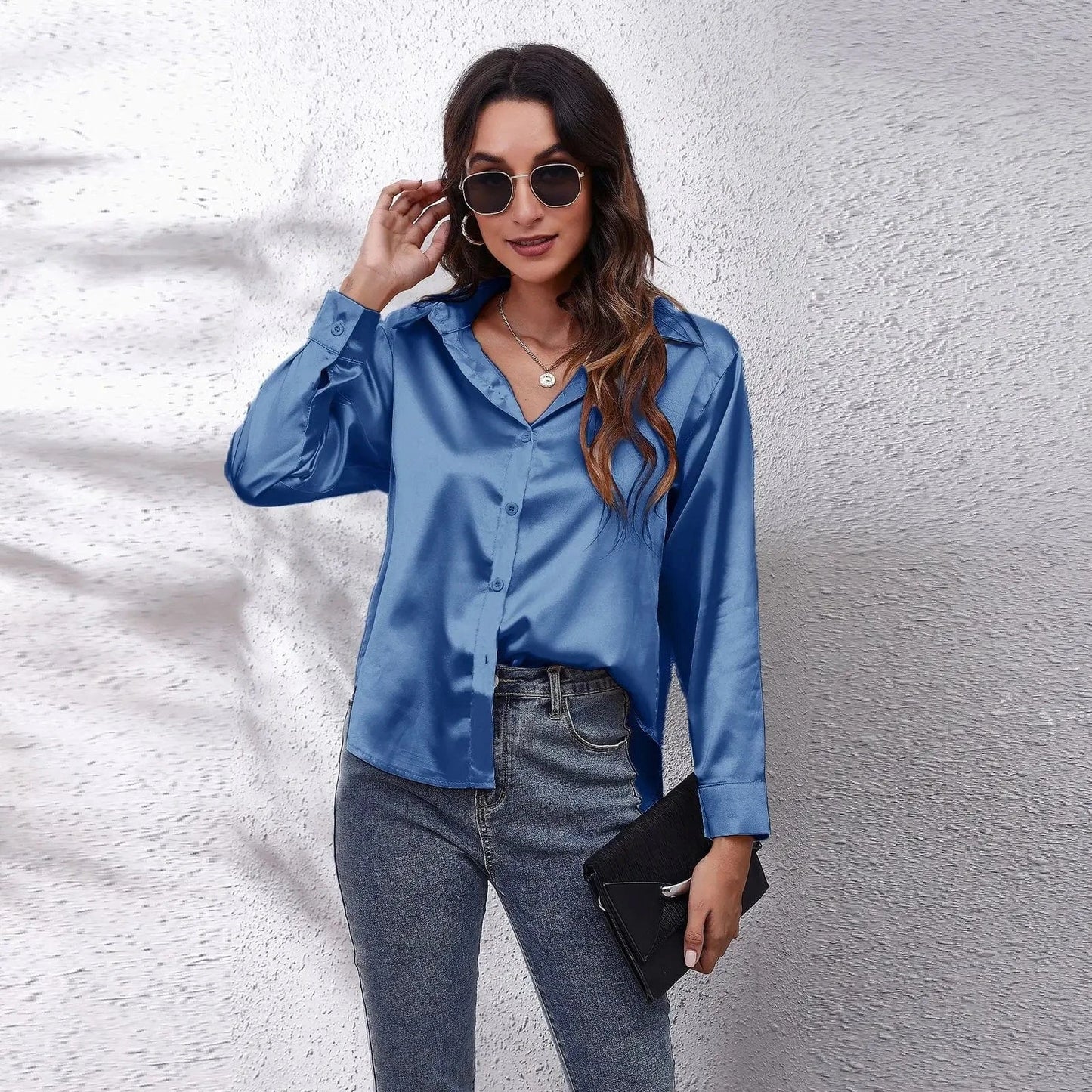 0212YT Women White Simulated Silk Shirt Tops Lady Long Sleeve Office Ladies Satin Blouse Blusas Women's Blouses & Shirts