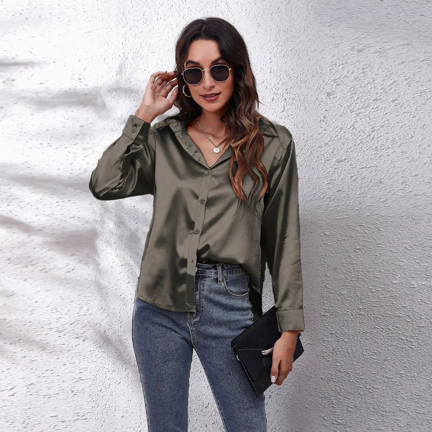 0212YT Women White Simulated Silk Shirt Tops Lady Long Sleeve Office Ladies Satin Blouse Blusas Women's Blouses & Shirts