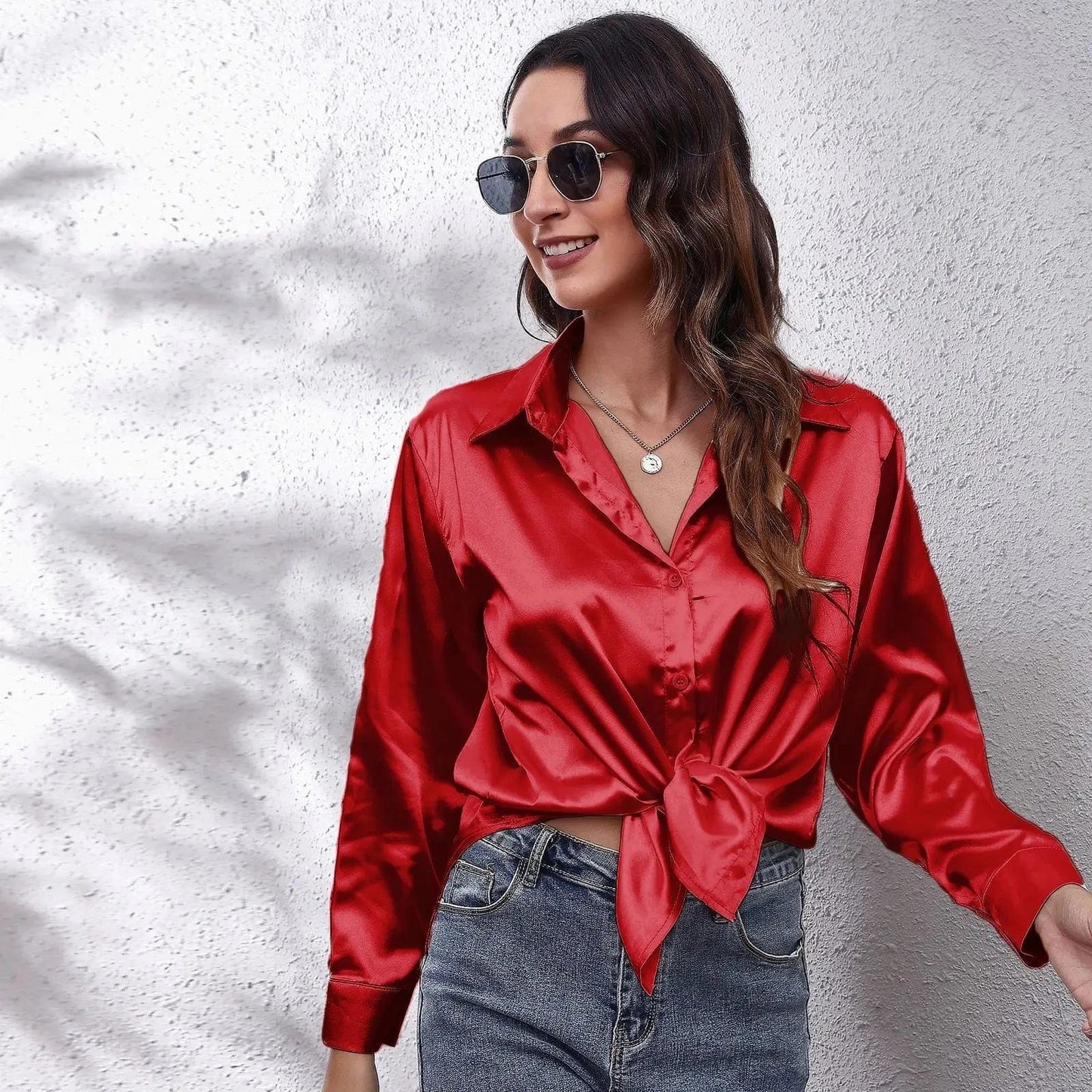 0212YT Women White Simulated Silk Shirt Tops Lady Long Sleeve Office Ladies Satin Blouse Blusas Women's Blouses & Shirts