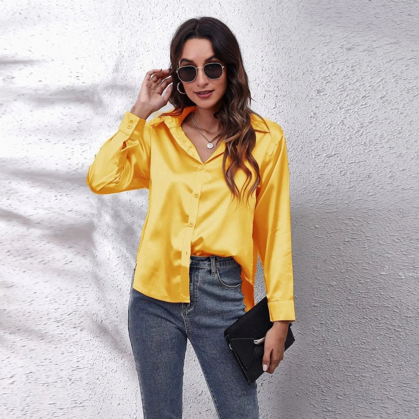 0212YT Women White Simulated Silk Shirt Tops Lady Long Sleeve Office Ladies Satin Blouse Blusas Women's Blouses & Shirts