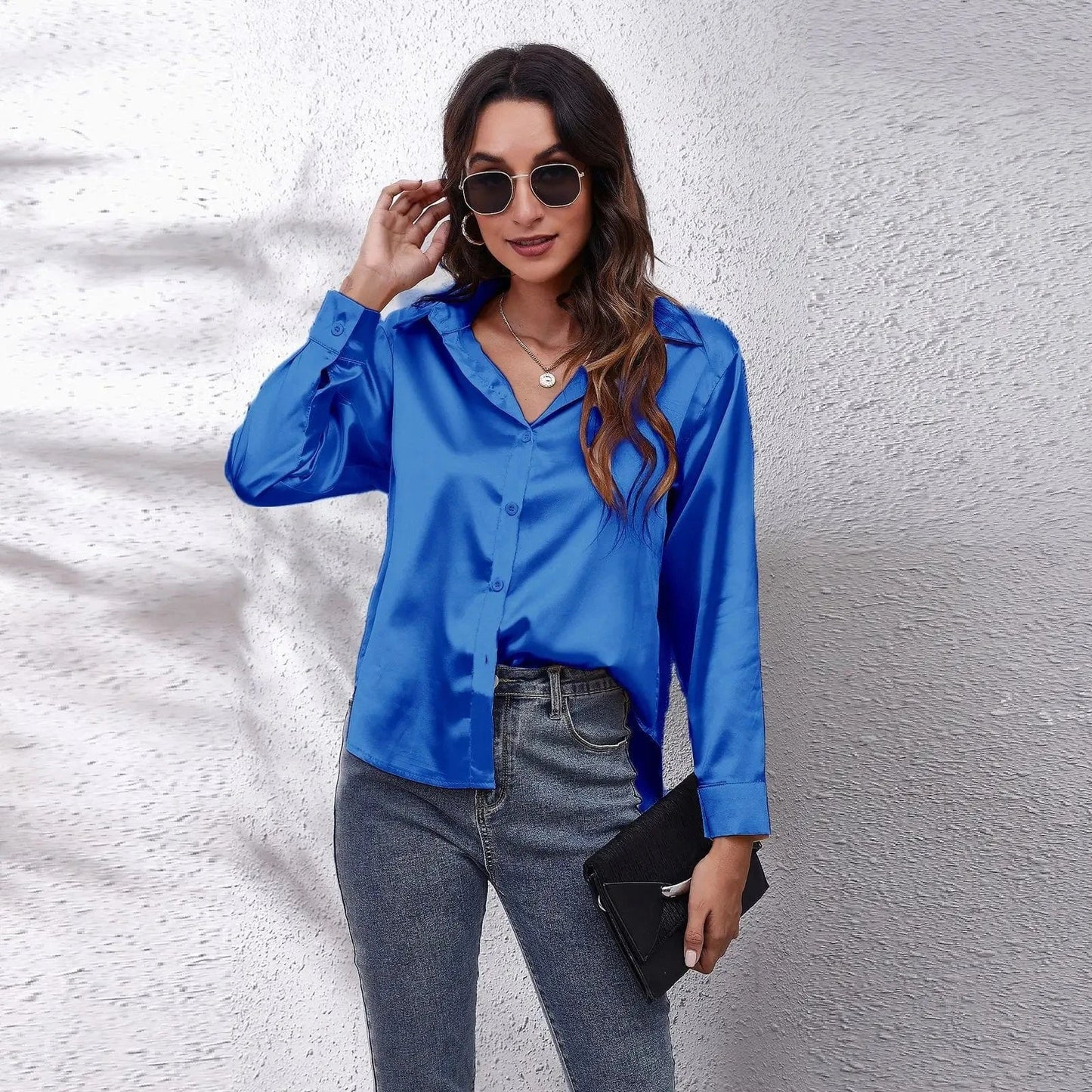 0212YT Women White Simulated Silk Shirt Tops Lady Long Sleeve Office Ladies Satin Blouse Blusas Women's Blouses & Shirts