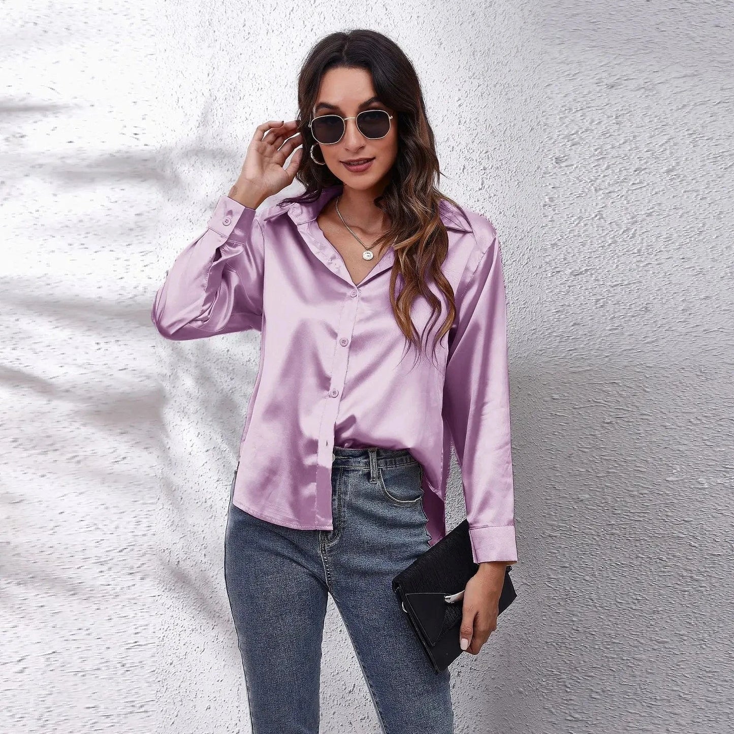 0212YT Women White Simulated Silk Shirt Tops Lady Long Sleeve Office Ladies Satin Blouse Blusas Women's Blouses & Shirts