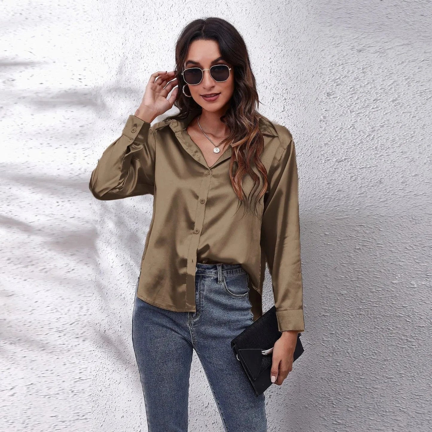 0212YT Women White Simulated Silk Shirt Tops Lady Long Sleeve Office Ladies Satin Blouse Blusas Women's Blouses & Shirts