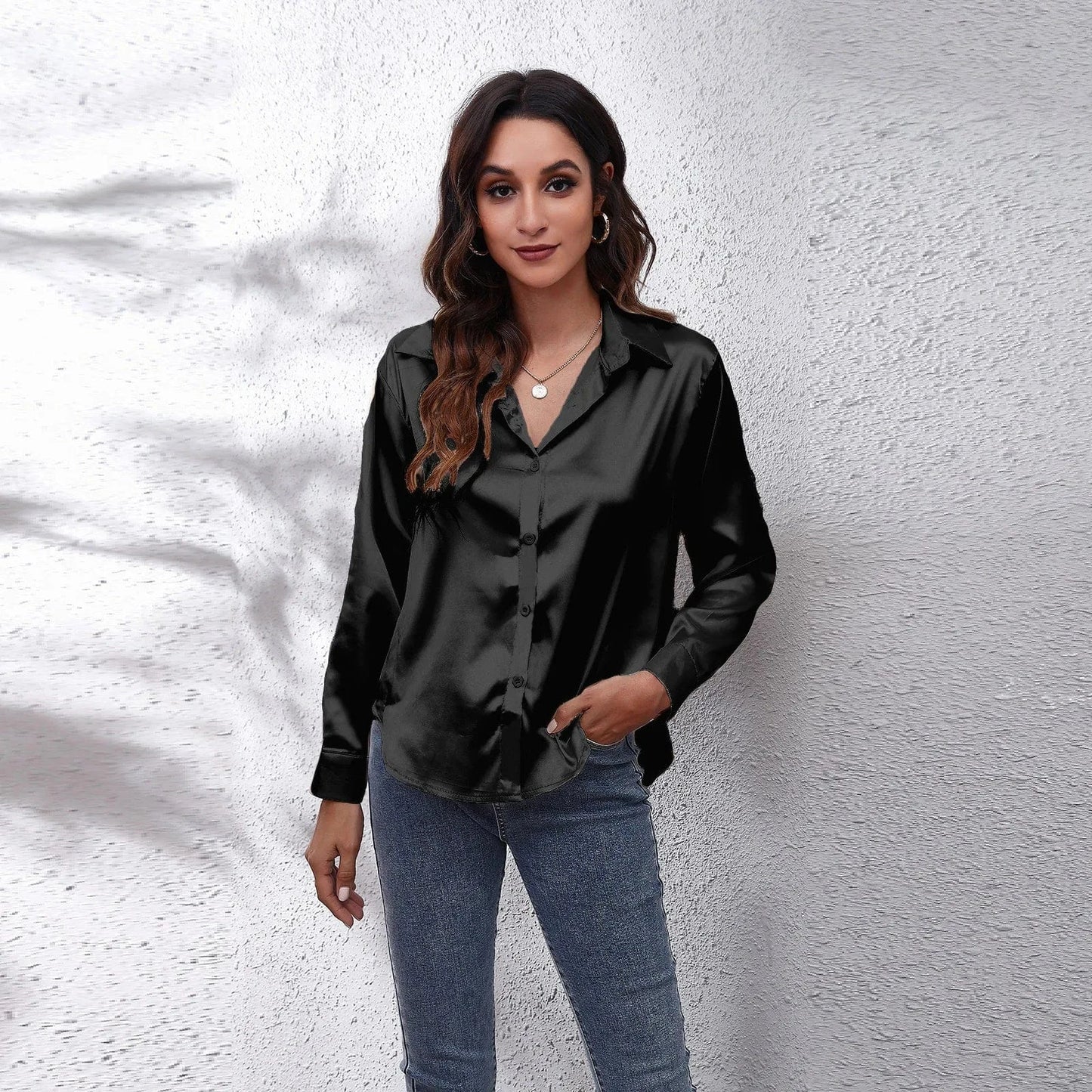 0212YT Women White Simulated Silk Shirt Tops Lady Long Sleeve Office Ladies Satin Blouse Blusas Women's Blouses & Shirts