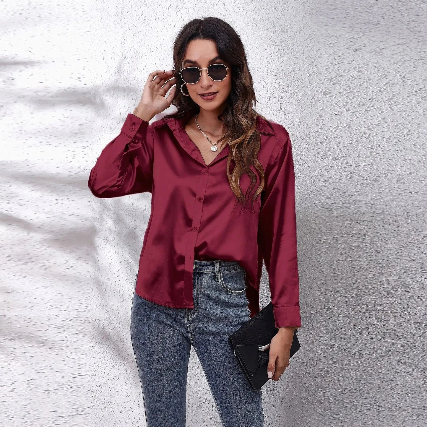 0212YT Women White Simulated Silk Shirt Tops Lady Long Sleeve Office Ladies Satin Blouse Blusas Women's Blouses & Shirts