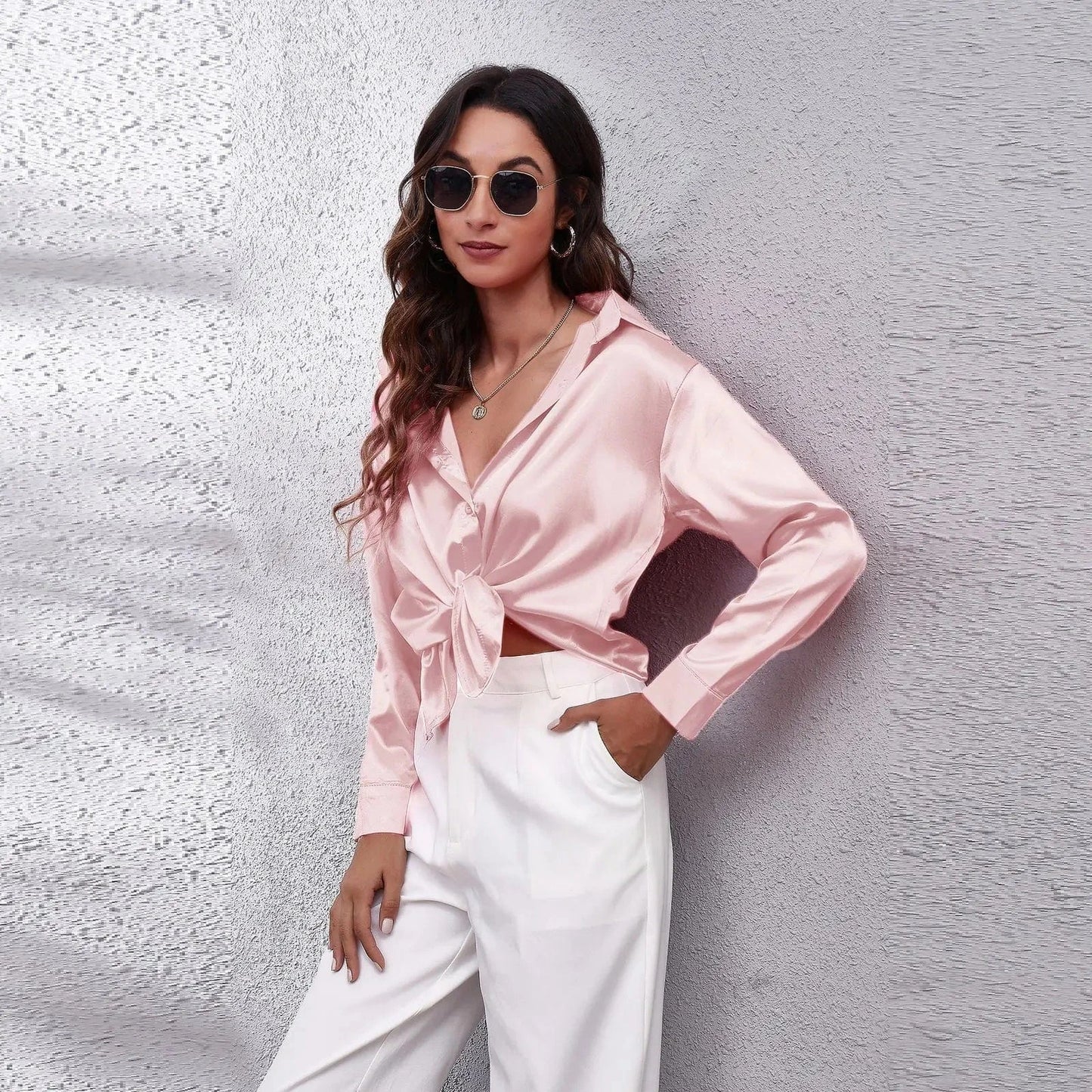 0212YT Women White Simulated Silk Shirt Tops Lady Long Sleeve Office Ladies Satin Blouse Blusas Women's Blouses & Shirts