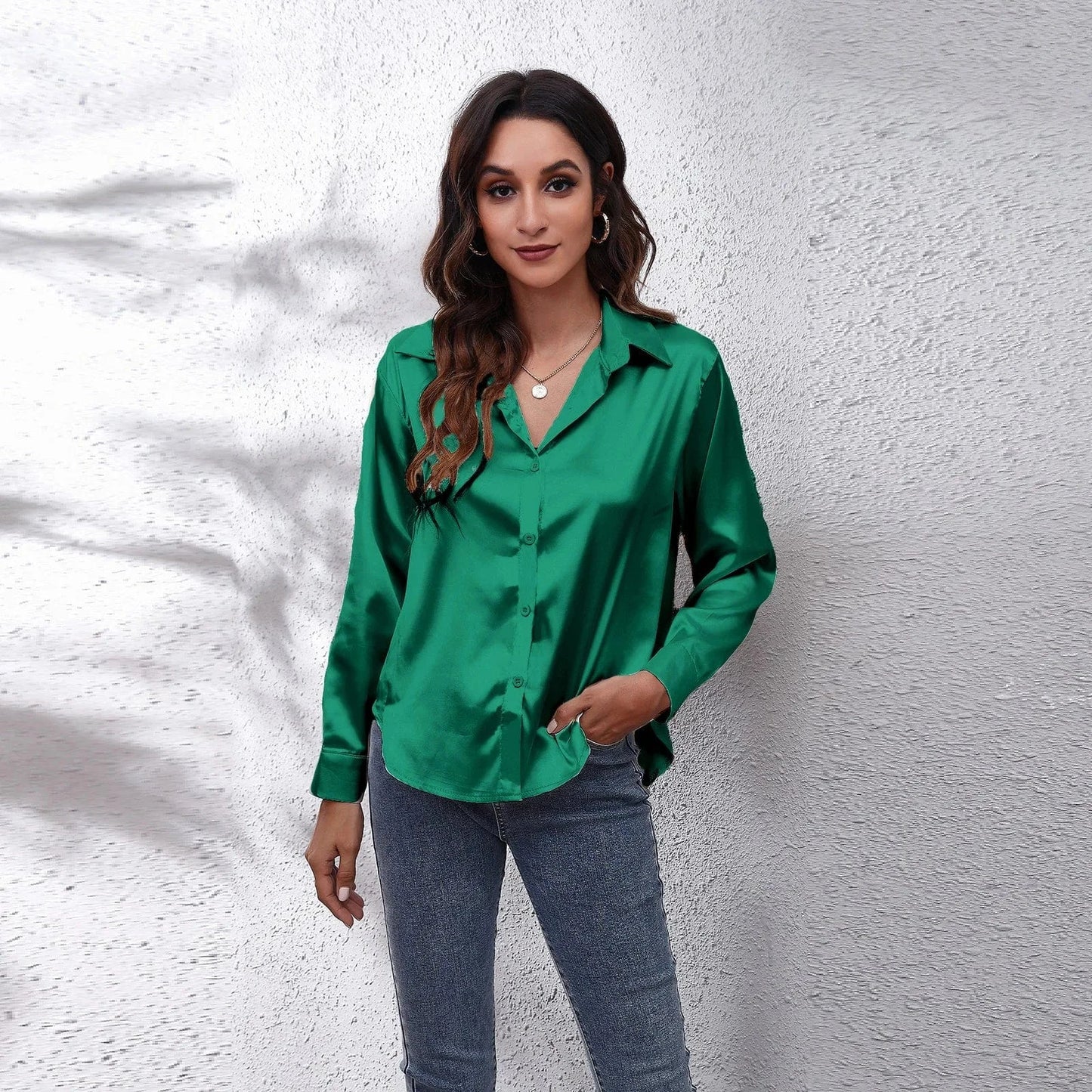 0212YT Women White Simulated Silk Shirt Tops Lady Long Sleeve Office Ladies Satin Blouse Blusas Women's Blouses & Shirts