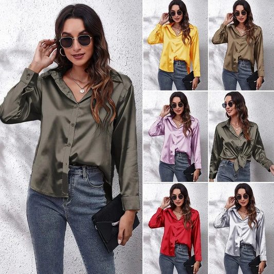 0212YT Women White Simulated Silk Shirt Tops Lady Long Sleeve Office Ladies Satin Blouse Blusas Women's Blouses & Shirts