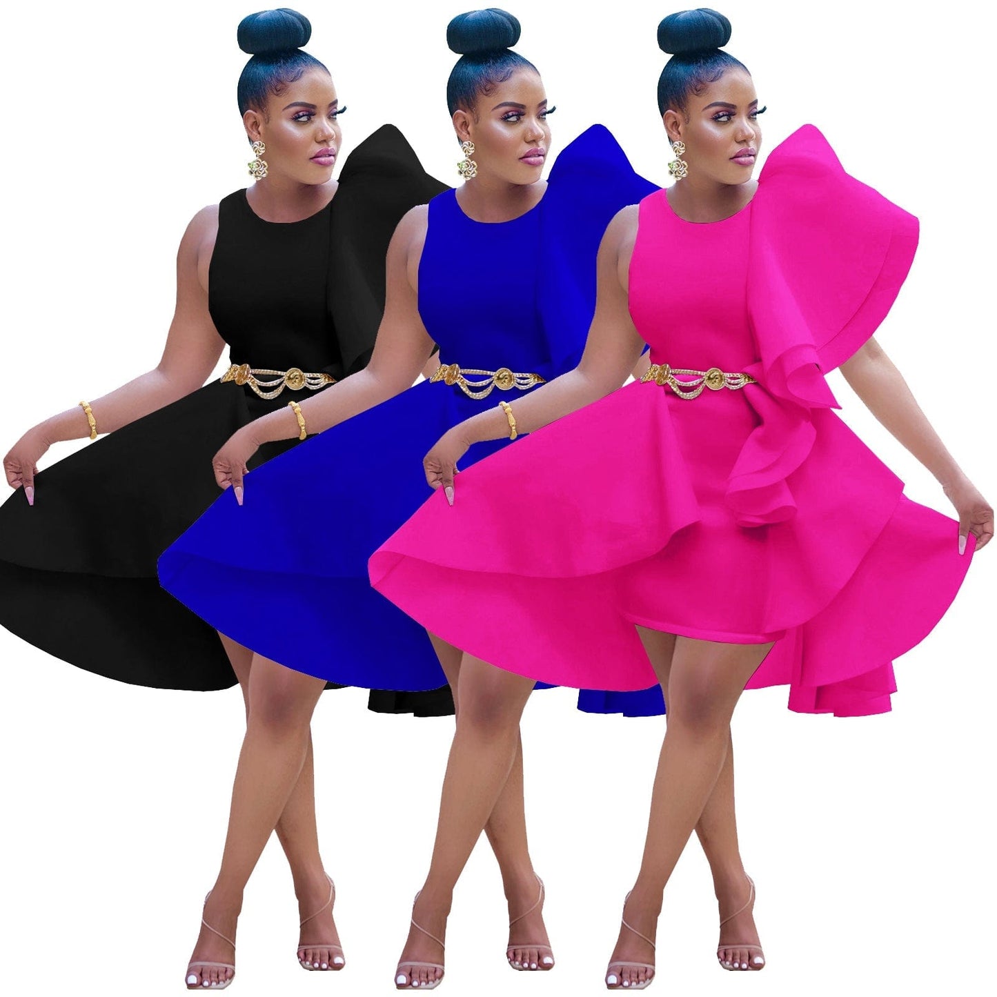 022 Summer Fashion Solid Color Air Layer Fungus Irregular Vest Midi Dress