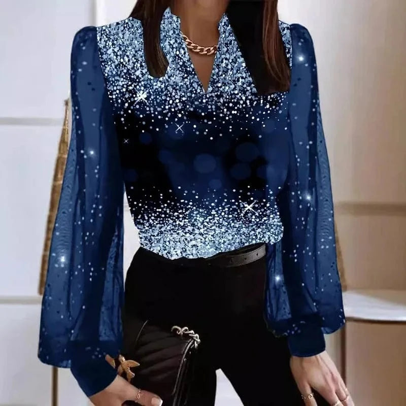 03 Blue / L New Autumn V Neck See-through Sleeve Blouse Elegant Temperament Printed Women's Pullover Casual High Street Party Female Shirts