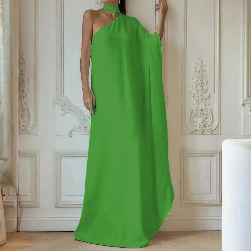 03 Green / L Elegant Halter One-Shoulder Loose Party Dress Lady Solid Color  Temperament Banquet Maxi Dress 2023 Casual Women Fashion Vestido