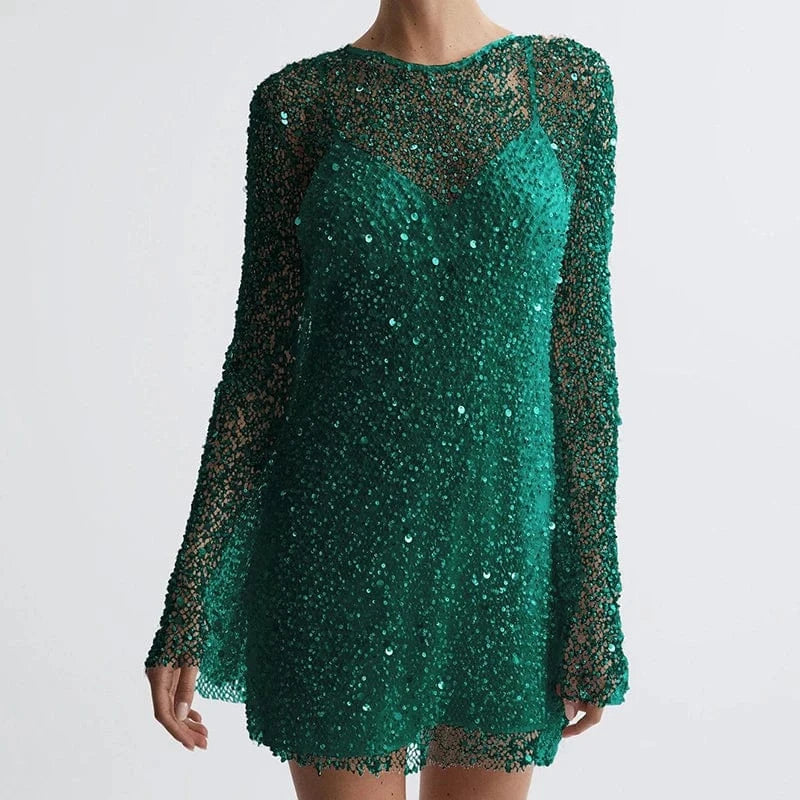 03 Green / L Women Elegant Splicing Solid Versatile Dress Chic O-Neck Sequins Hollow Dress Fashion Suspender Party Temperament Mini Dresses
