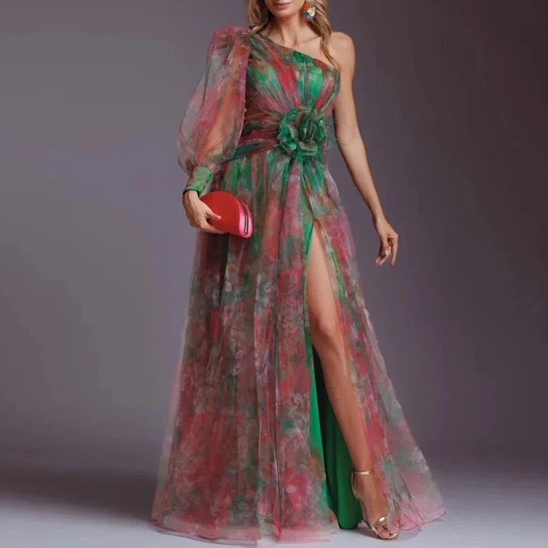 03 Green / S Elegant Slash Neck High Waist Gala Dress Fashion One Shoulder Long Sleeve Evening Dress Casual Graphic Mesh Party Dress Women