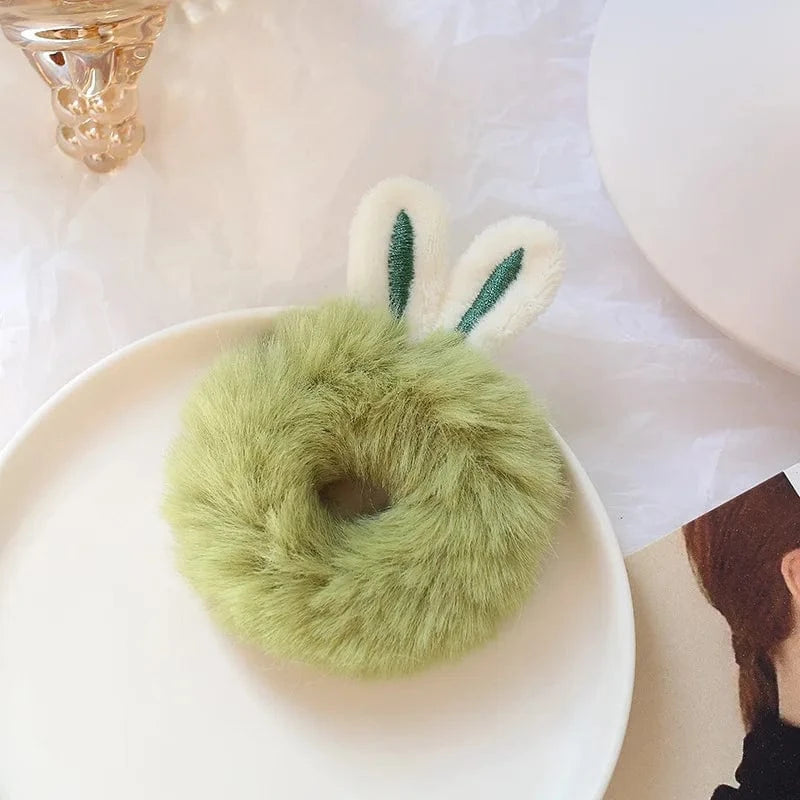 05 Green Rabbit Ear Plush Hair Ties Cute Plush Rabbit Ear Hair Rope Lovely Ring Women Autumn Winter High Elastic Band Scrunchies Fur Hair Ties for Girls