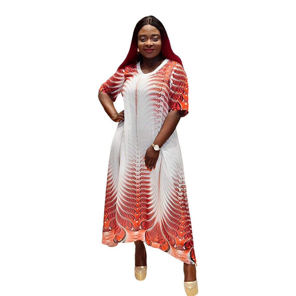 059 New Arrival Elegant Literary Retro Thin Temperament Casual Dress African Print Short Sleeve Loose Dress For Women Clothing