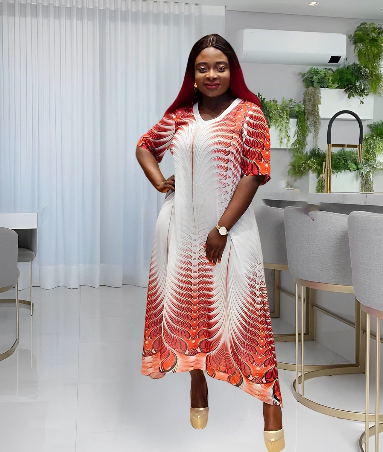 059 New Arrival Elegant Literary Retro Thin Temperament Casual Dress African Print Short Sleeve Loose Dress For Women Clothing