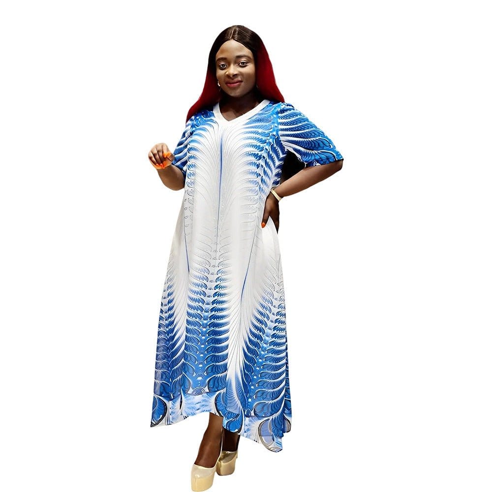 059 New Arrival Elegant Literary Retro Thin Temperament Casual Dress African Print Short Sleeve Loose Dress For Women Clothing