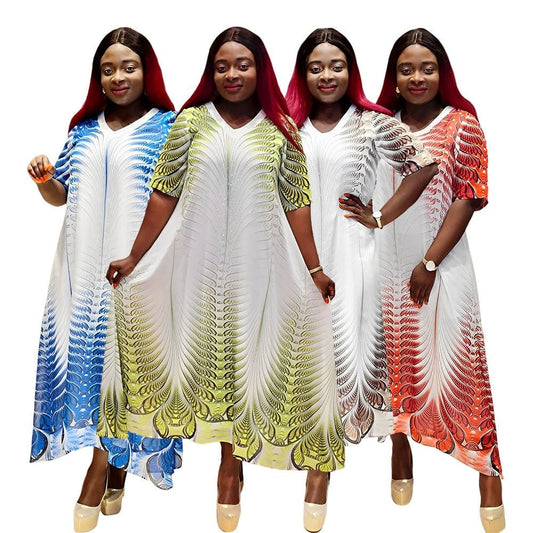 059 New Arrival Elegant Literary Retro Thin Temperament Casual Dress African Print Short Sleeve Loose Dress For Women Clothing