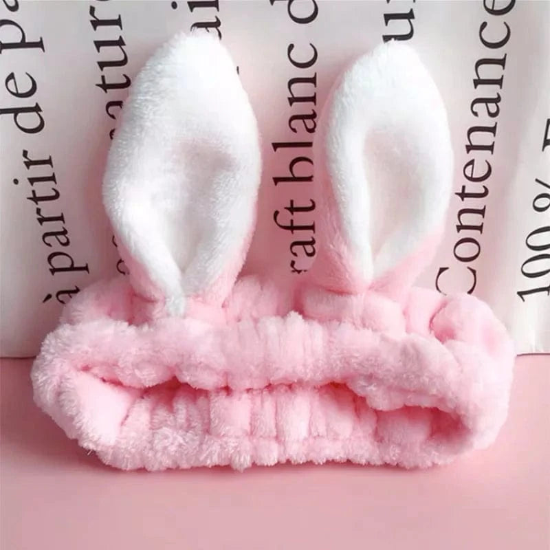 09 Pink Rabbit Ear Elastic Headband Custom Logo OMG Bowknot Wash Face Hairband Rabbit Cat Ear Cute Plush Lady Soft Women Elastic Hair Band Flannel Make up Headbands
