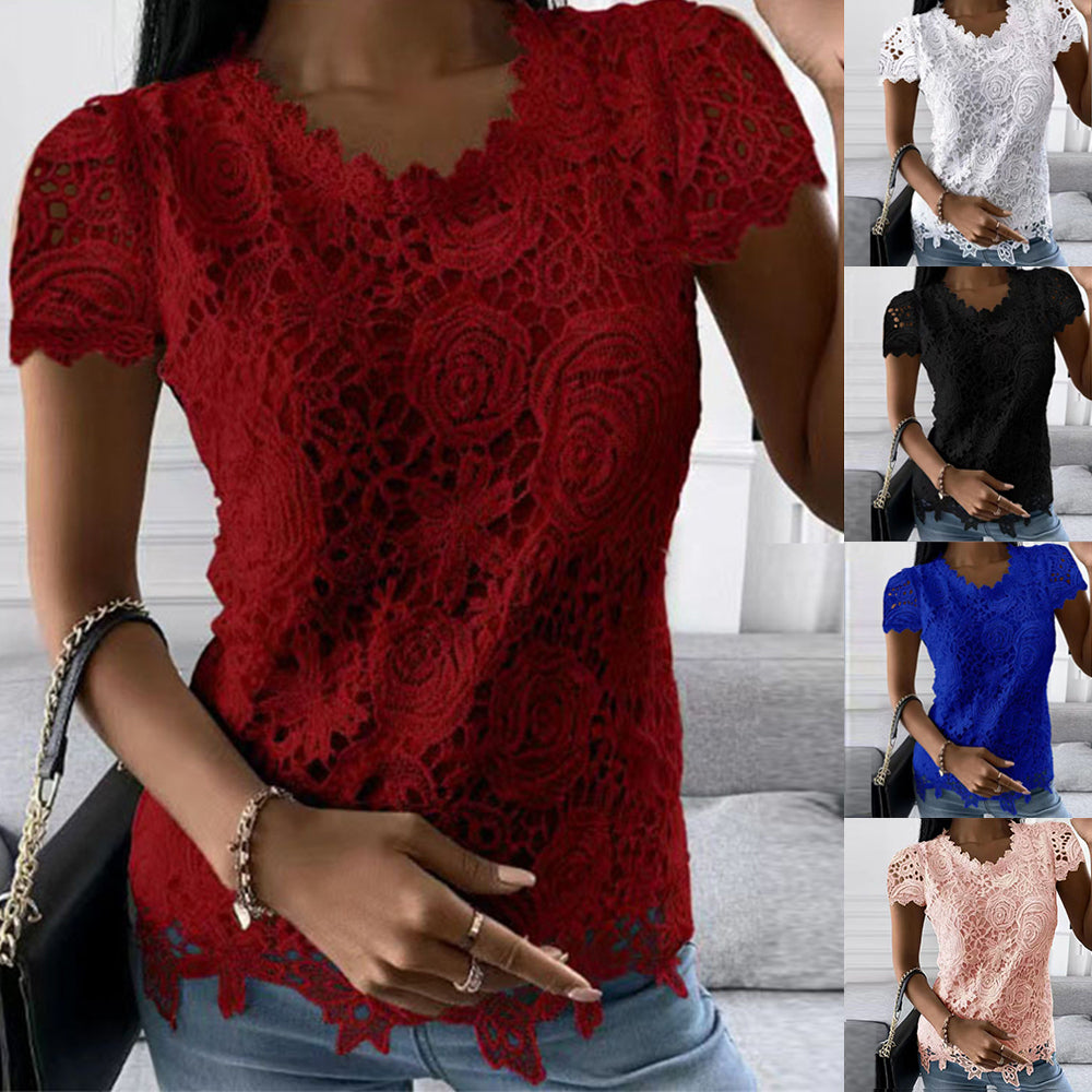 Womens Lace Round Neck Tops T-Shirts Ladies Summer Casual Short Sleeve Blouse Pullover Fashion Clothing For