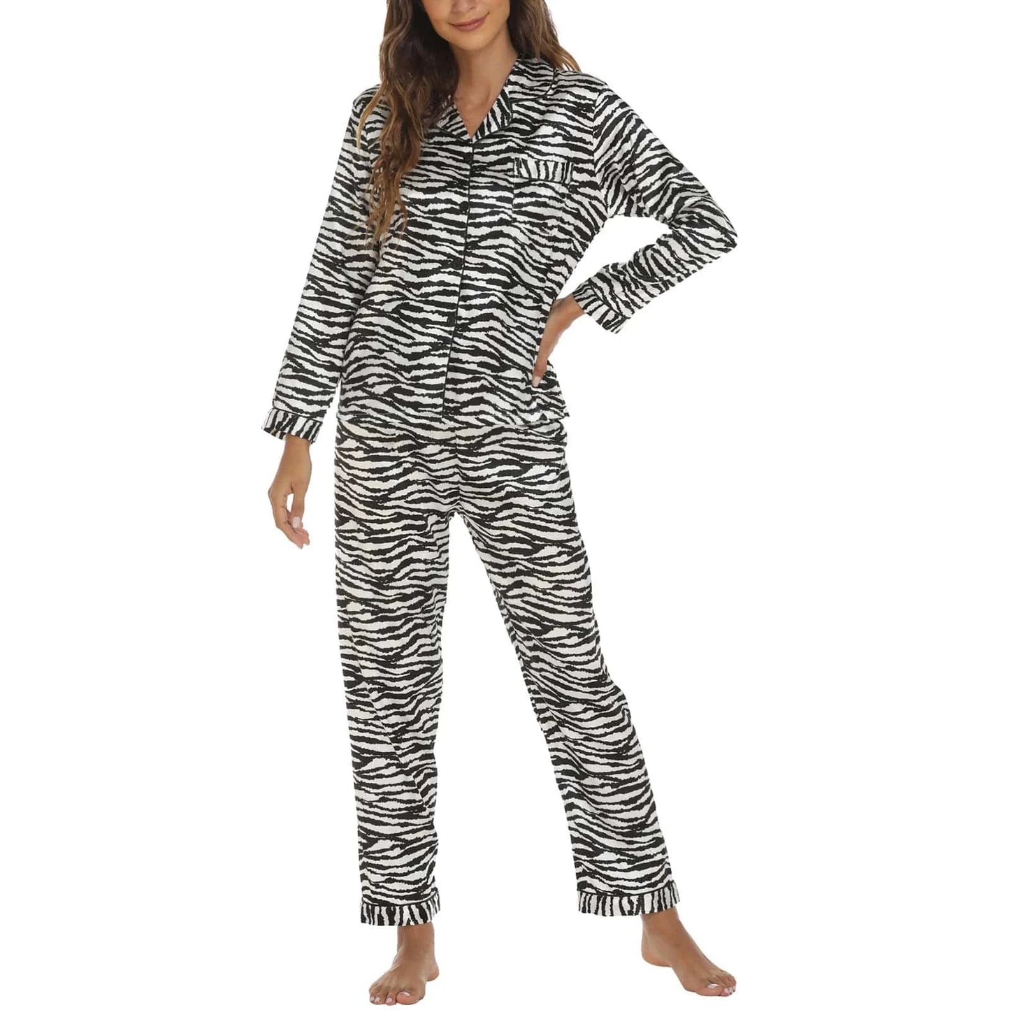 0g / S Women 2 Pieces Satin Pajamas Set Spring Autumn Long Sleeve Button Up Shirt and Casual Loose Elastic Pants Sleepwear Loungewear