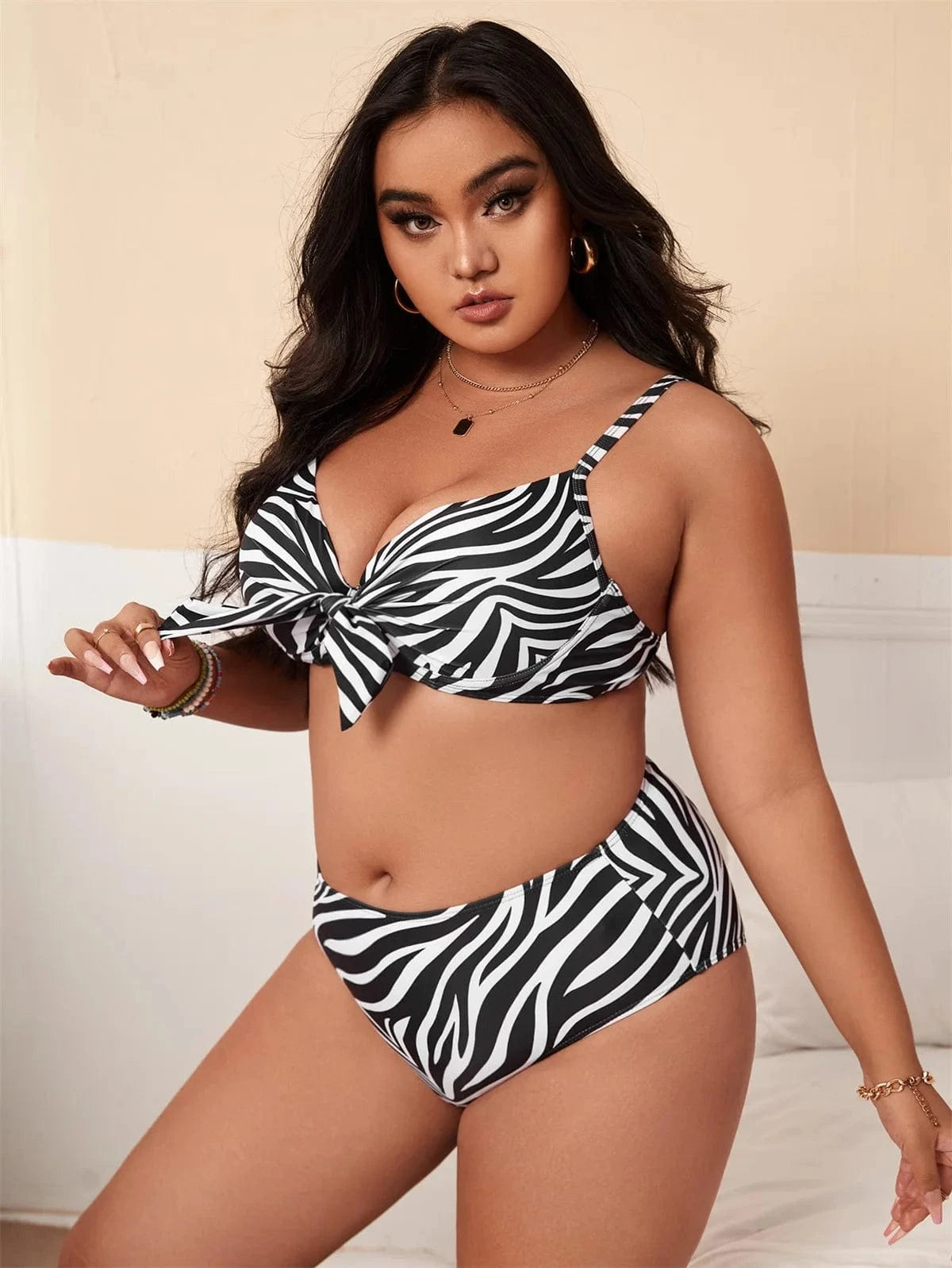 0XL / 1 DAMOCHIC Wholesale Plus Size Swimsuit for women Summer Striped print knotted at chest Bikini High-Waisted Bathing Suit 2023