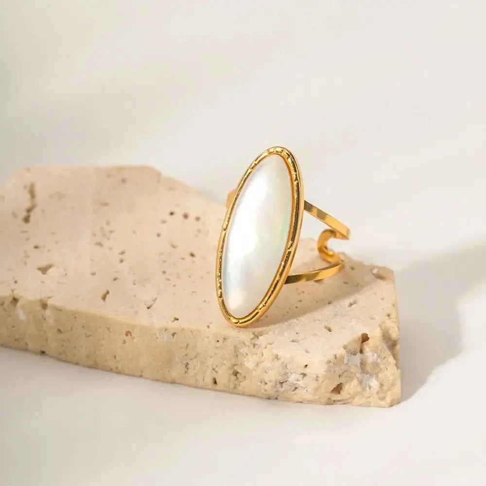 1.81cm / TRENDY / R1922 R1922 INS Style Waterproof Jewelry 18k Gold Plated Oval Geometry Natural White Shell Open Ring For Women