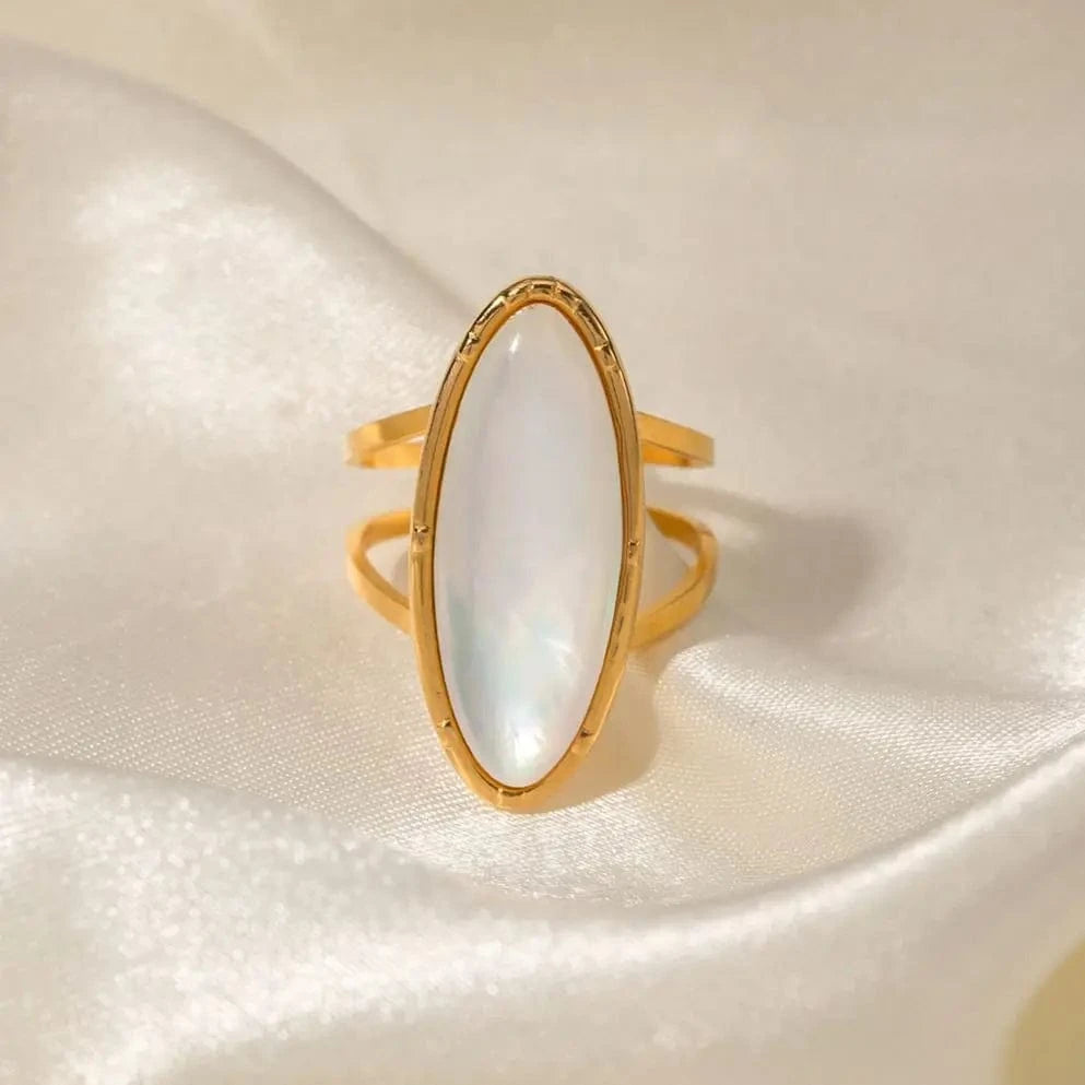 1.81cm / TRENDY / R1922 R1922 INS Style Waterproof Jewelry 18k Gold Plated Oval Geometry Natural White Shell Open Ring For Women