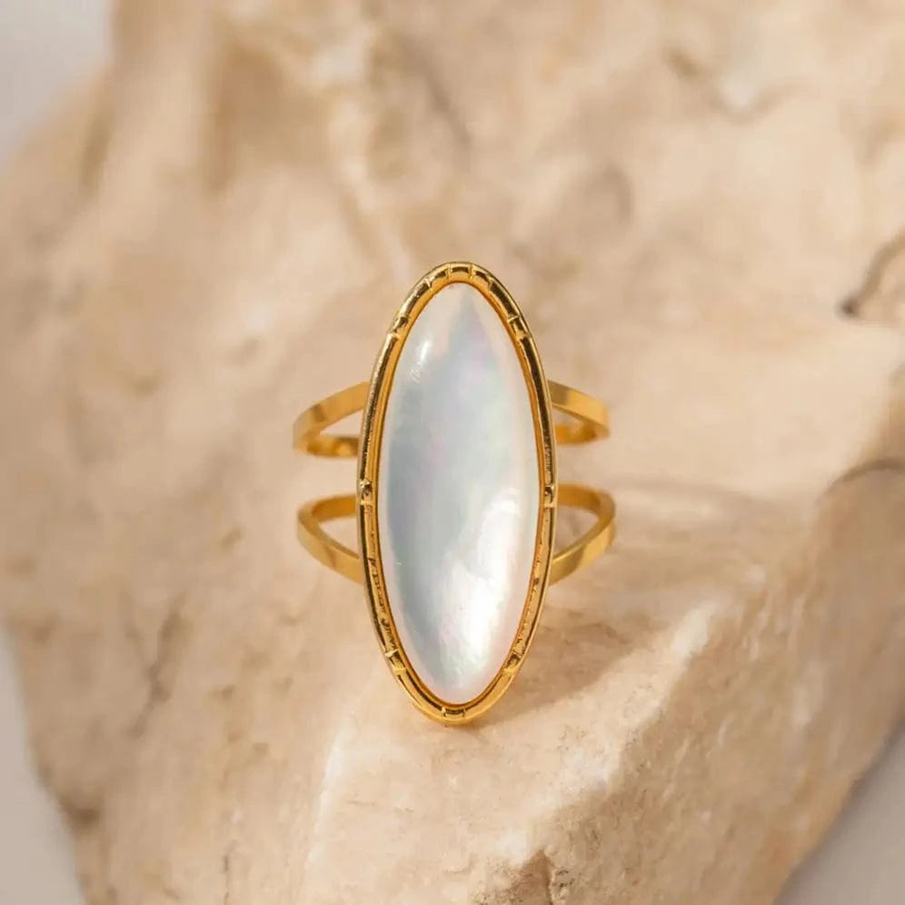 1.81cm / TRENDY / R1922 R1922 INS Style Waterproof Jewelry 18k Gold Plated Oval Geometry Natural White Shell Open Ring For Women