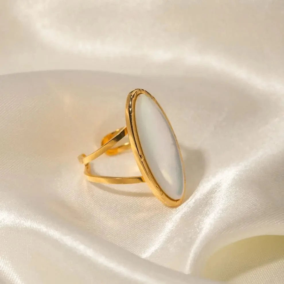 1.81cm / TRENDY / R1922 R1922 INS Style Waterproof Jewelry 18k Gold Plated Oval Geometry Natural White Shell Open Ring For Women