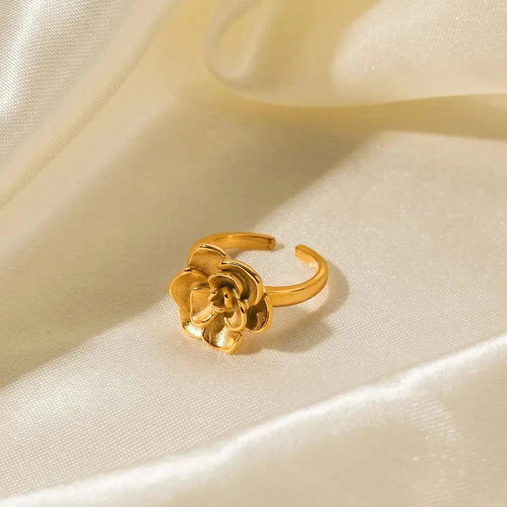 1.86cm / TRENDY / R1857 R1857 Ins Popular 18K Gold Plated Big Camellia Flower Finger Ring Stainless Steel Ring Fashion Jewelry