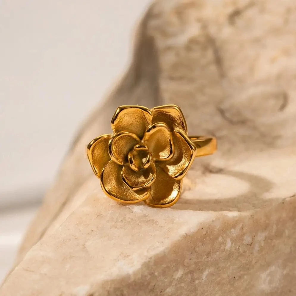 1.86cm / TRENDY / R1857 R1857 Ins Popular 18K Gold Plated Big Camellia Flower Finger Ring Stainless Steel Ring Fashion Jewelry