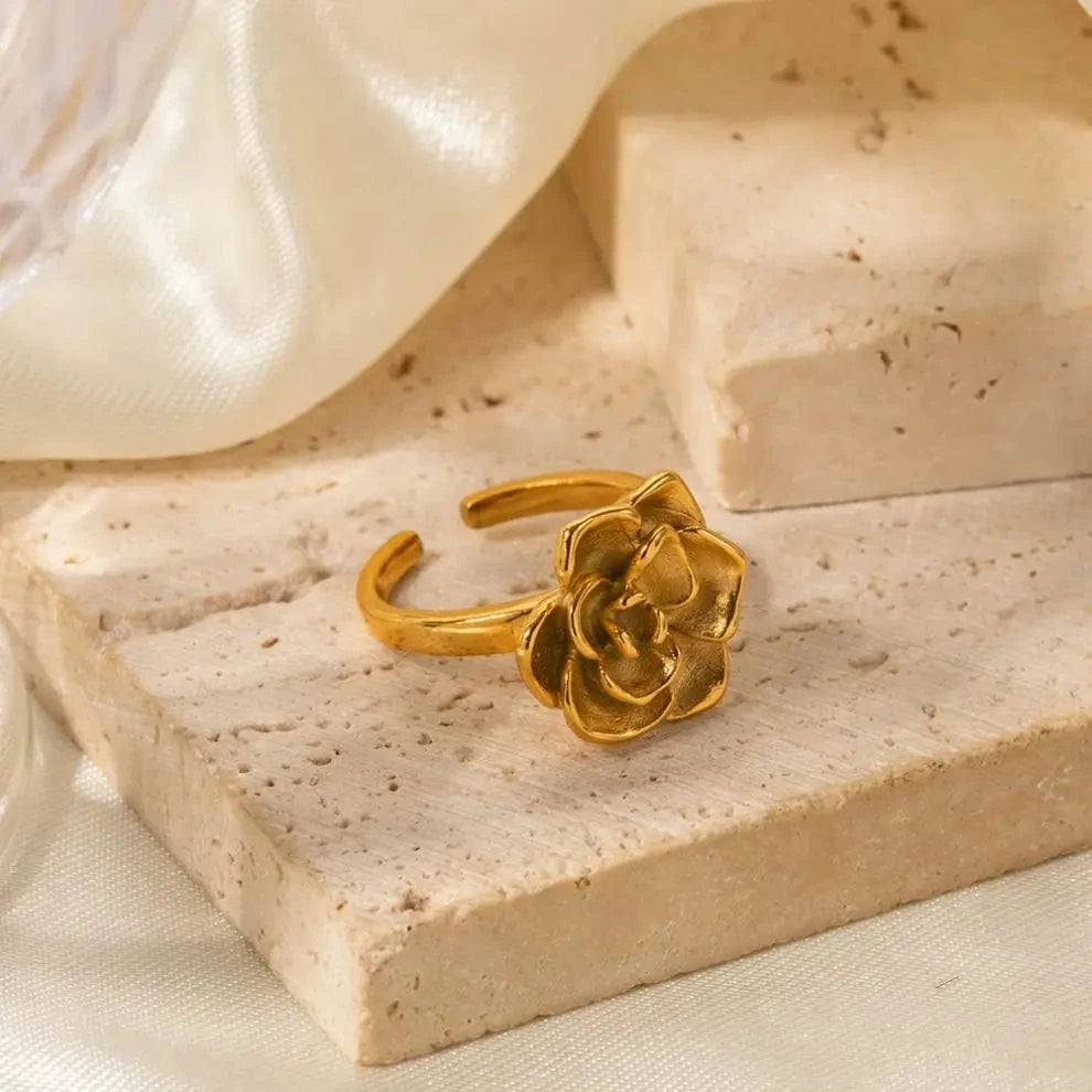 1.86cm / TRENDY / R1857 R1857 Ins Popular 18K Gold Plated Big Camellia Flower Finger Ring Stainless Steel Ring Fashion Jewelry