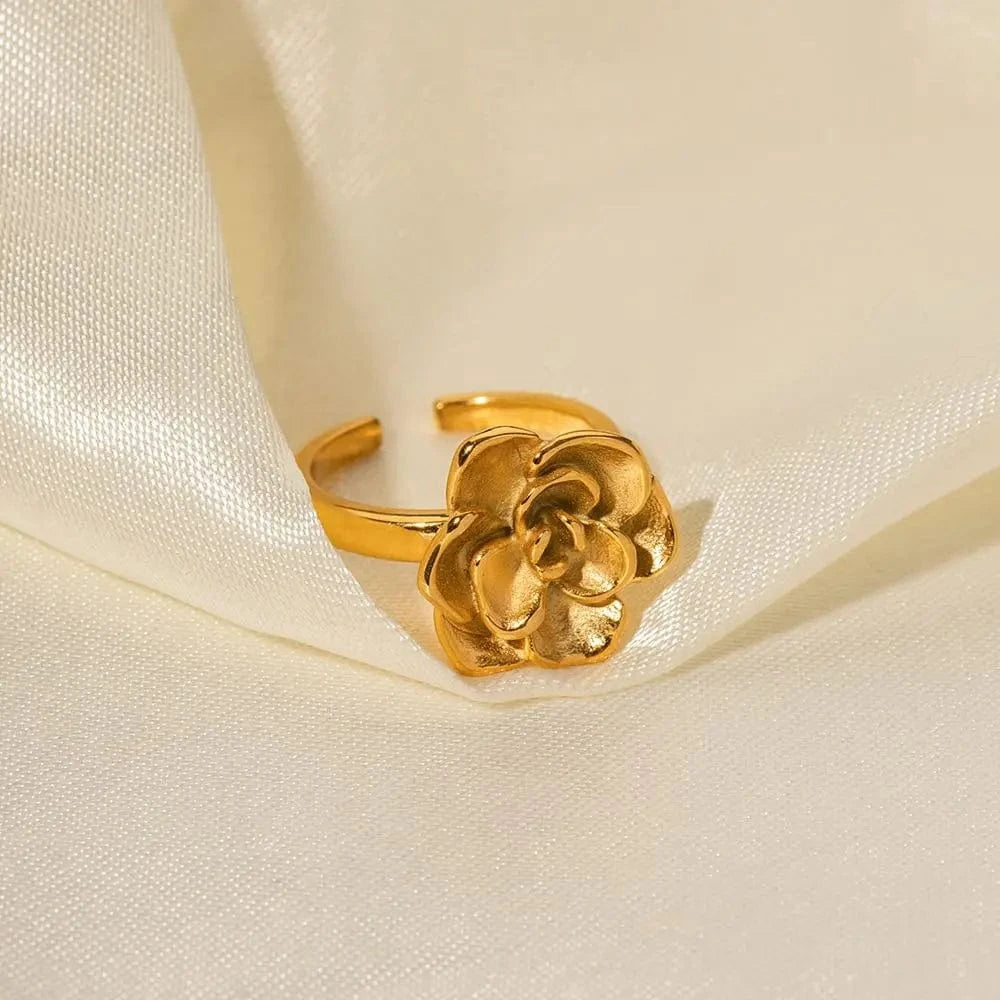 1.86cm / TRENDY / R1857 R1857 Ins Popular 18K Gold Plated Big Camellia Flower Finger Ring Stainless Steel Ring Fashion Jewelry
