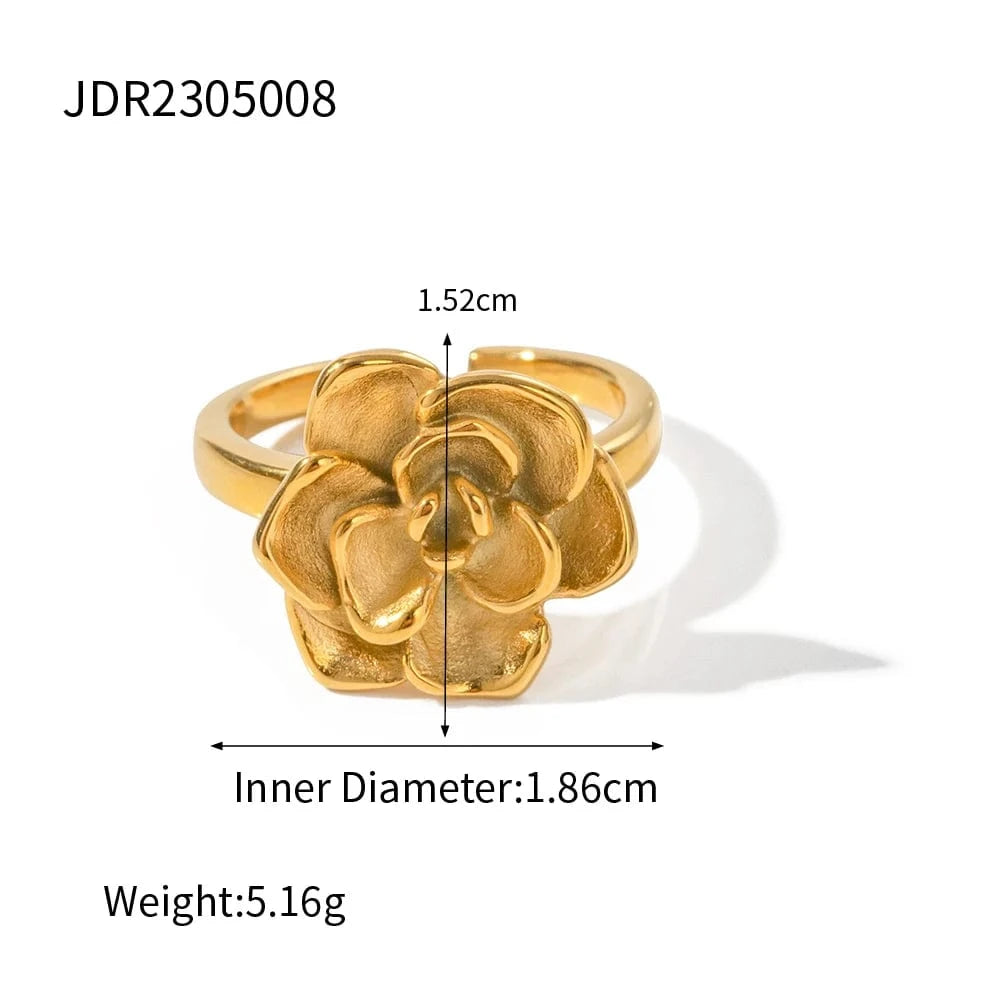 1.86cm / TRENDY / R1857 R1857 Ins Popular 18K Gold Plated Big Camellia Flower Finger Ring Stainless Steel Ring Fashion Jewelry
