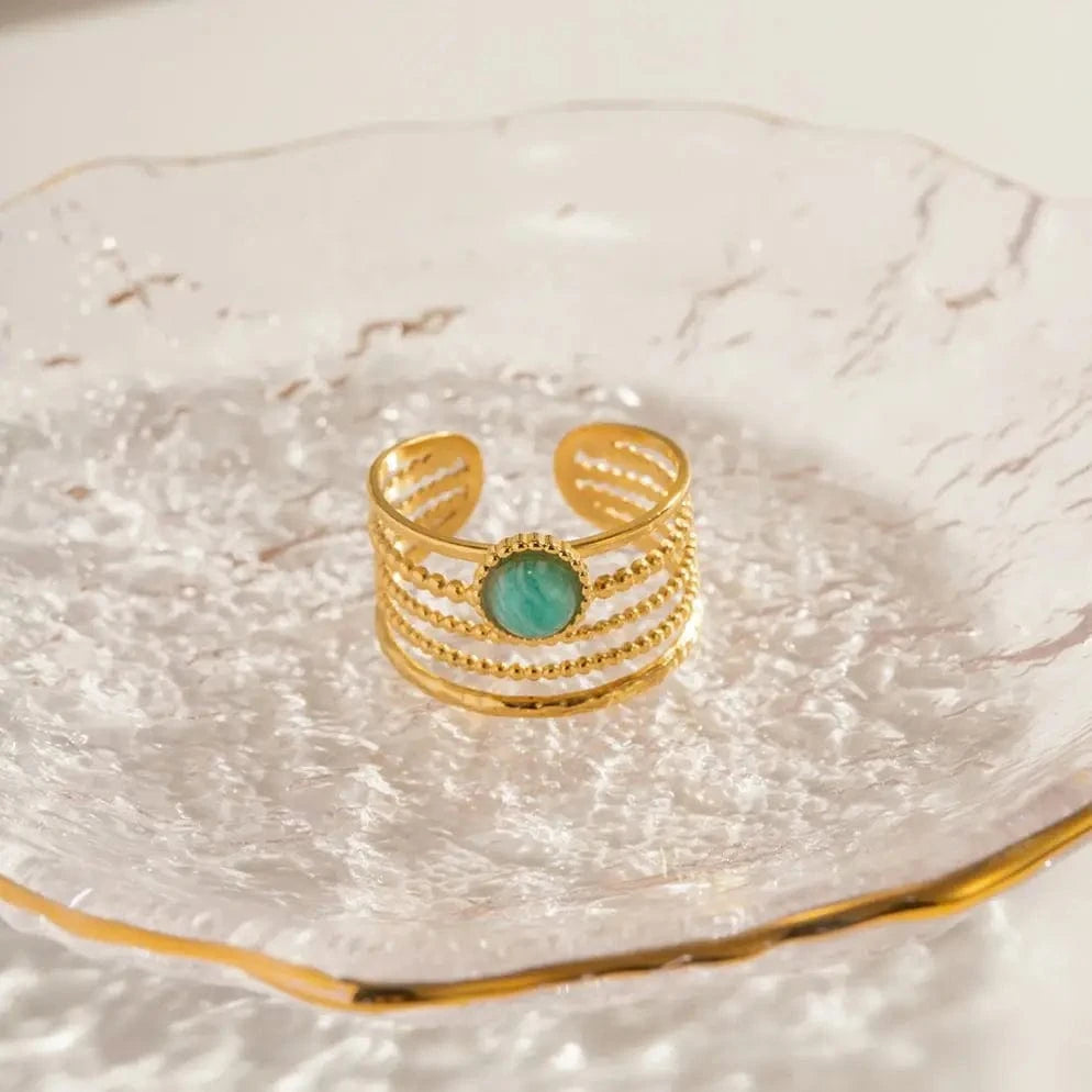 1.96cm / TRENDY / R1980 R1980 18K Gold Plated stainless steel Natural Blue stone open Ring High-quality  Jewelry for girls women