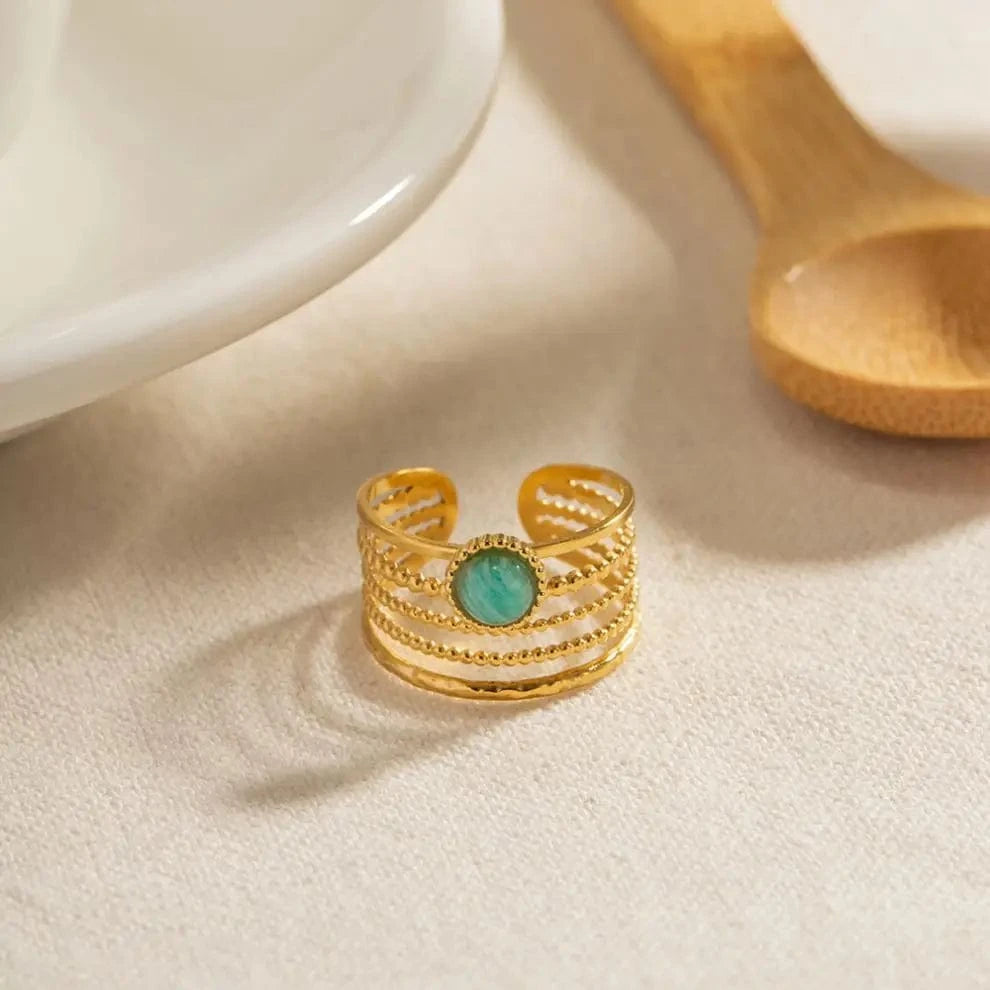 1.96cm / TRENDY / R1980 R1980 18K Gold Plated stainless steel Natural Blue stone open Ring High-quality  Jewelry for girls women