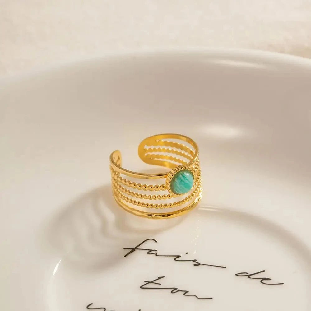 1.96cm / TRENDY / R1980 R1980 18K Gold Plated stainless steel Natural Blue stone open Ring High-quality  Jewelry for girls women