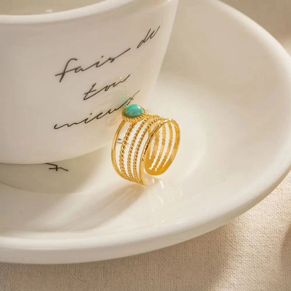 1.96cm / TRENDY / R1980 R1980 18K Gold Plated stainless steel Natural Blue stone open Ring High-quality  Jewelry for girls women