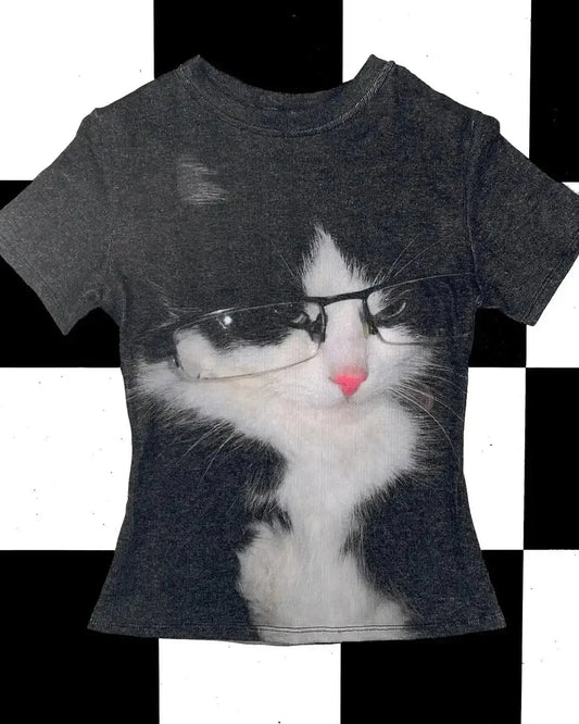 1 / L Y2K Glasses Wearing Kitten Pattern Printed Slim Fit Women's T-shirt Retro Pure Cotton Exquisite Fashion Casual Top Kawaii