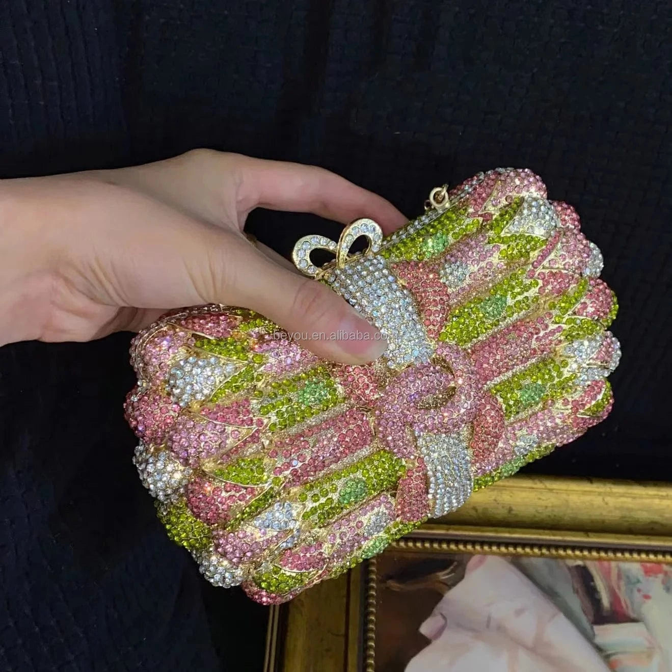 1 New Fashion Designer Party Crystal Handbags Clutches Purse Pink Green Rhinestone Evening Bags for Women Handcraft
