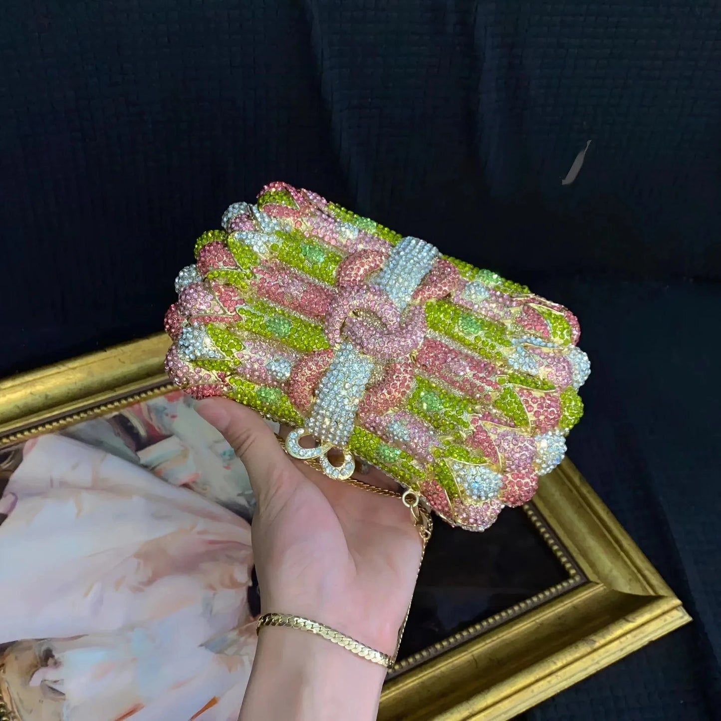 1 New Fashion Designer Party Crystal Handbags Clutches Purse Pink Green Rhinestone Evening Bags for Women Handcraft