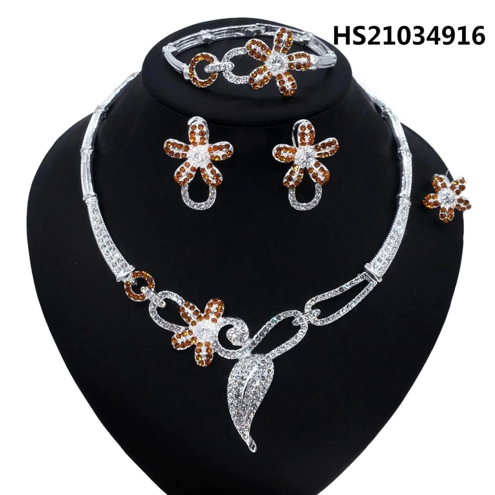 10 / 10 New Fashion Latest Ring Bracelet Gold Plated Exquisite Flower Leaf Necklace Canadian Easter Women Favorite Zircon Jewelry Set