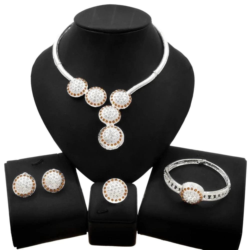 10 / 18 New Fashion Latest Ring Bracelet Gold Plated Exquisite Flower Leaf Necklace Canadian Easter Women Favorite Zircon Jewelry Set