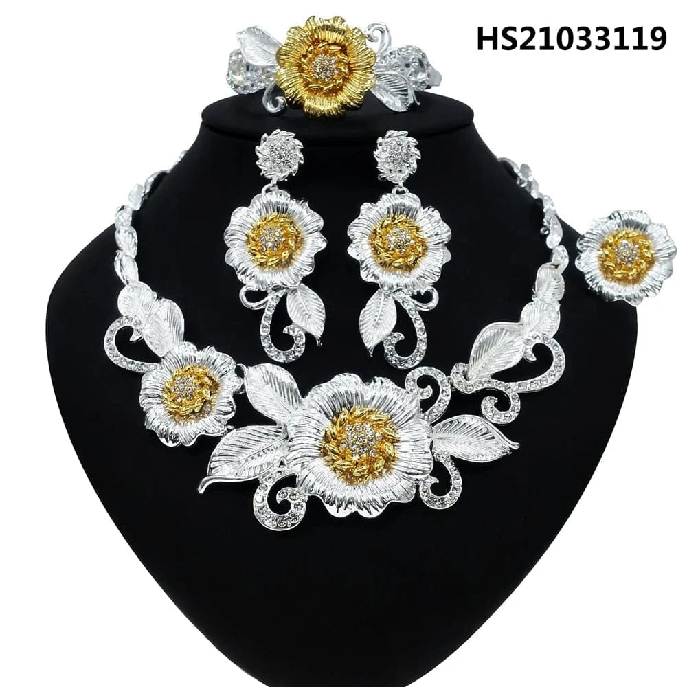 10 / 2 New Fashion Latest Ring Bracelet Gold Plated Exquisite Flower Leaf Necklace Canadian Easter Women Favorite Zircon Jewelry Set