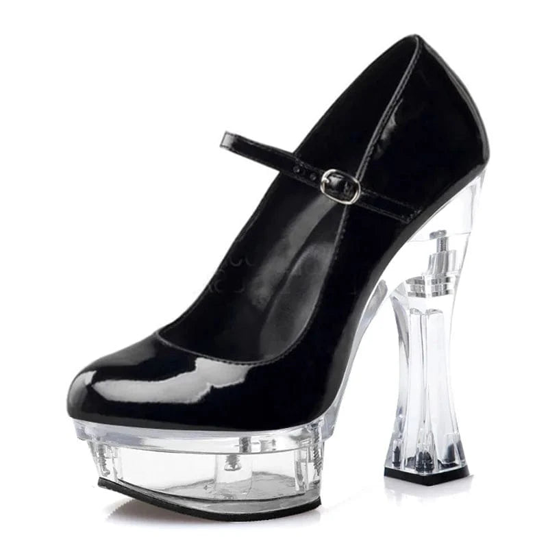 10 / Black 14CM High heeled shoes 7 inch Thick platform Shallow Novelty Pumps Fashion Party Dress Round patent leather Mary Jane wristband